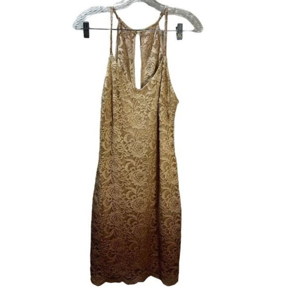 Teeze Me‎ Gold Ombre V Neck Floral Lace Slip Strap Halter Dress Small
